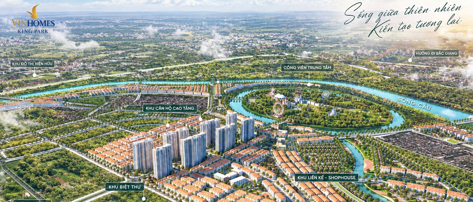 Phối cảnh toàn cảnh Vinhomes King Park bên sông Cầu