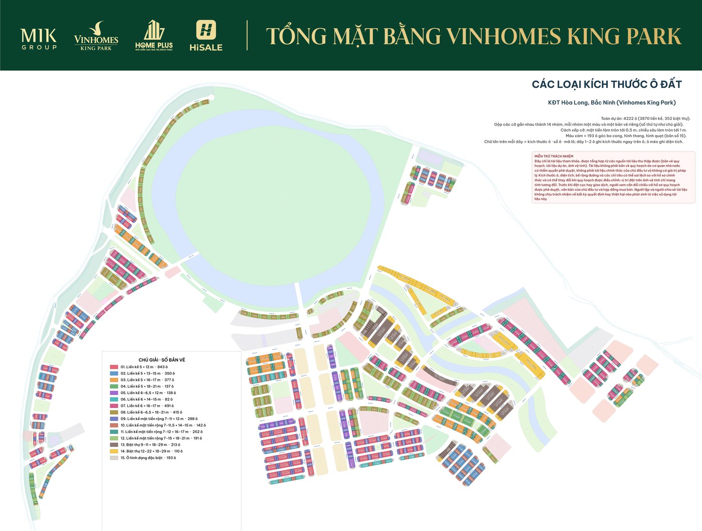 Tổng mặt bằng các loại kích thước ô đất Vinhomes King Park